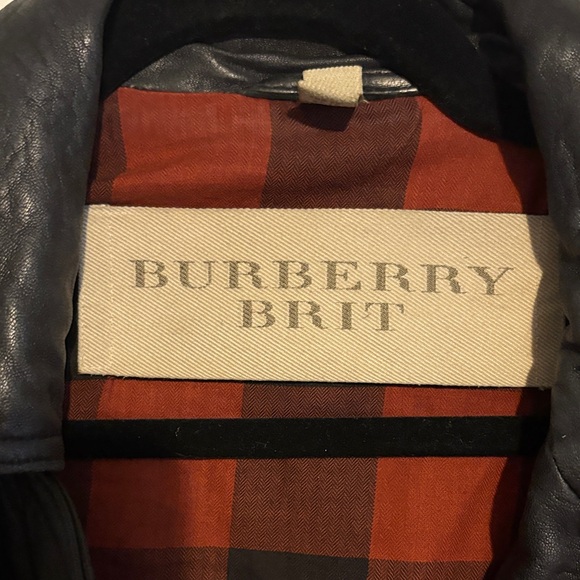 Burberry Brit Black Leather Jacket with Red and Brown Plaid Lining - Picture 2 of 6